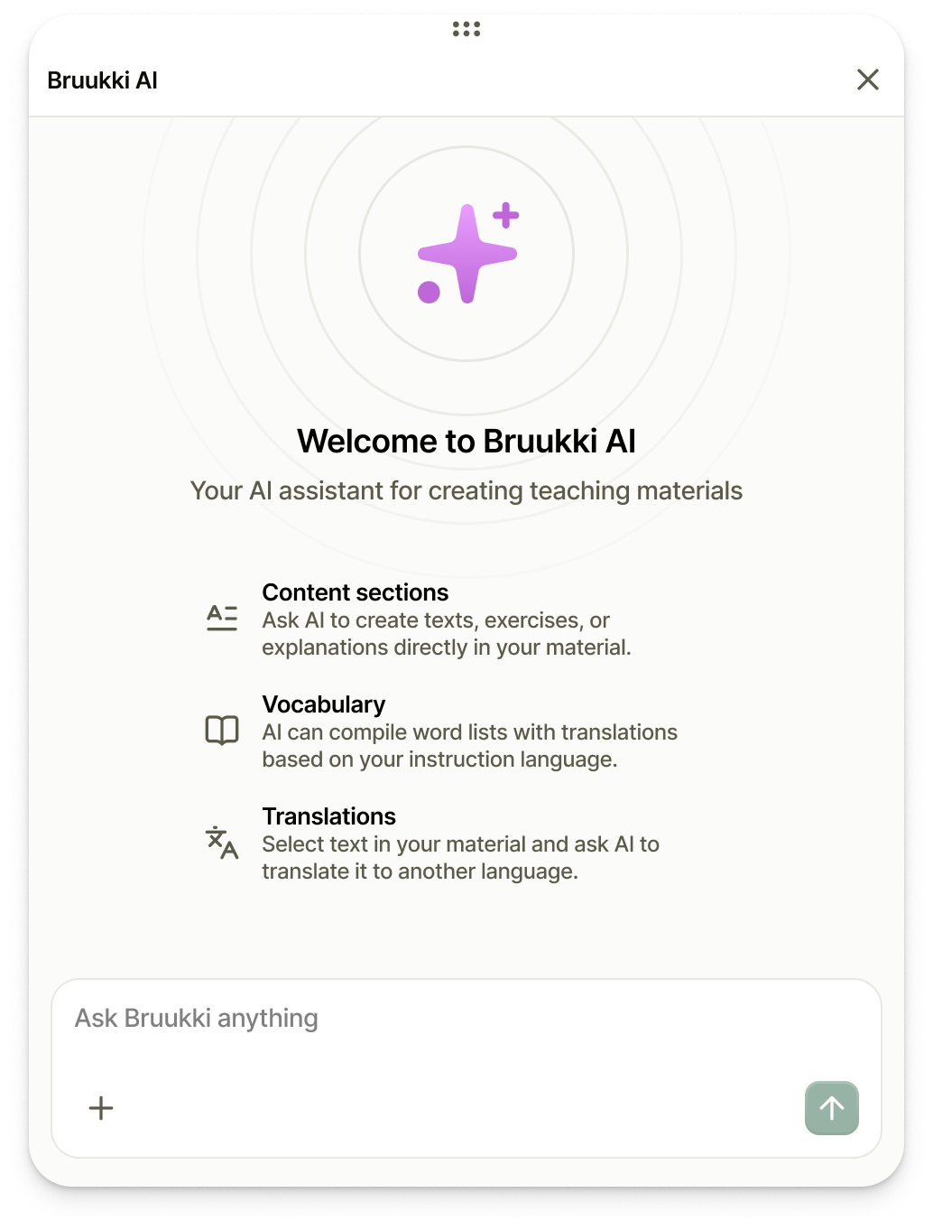 Empty Bruukki AI panel explaining content sections, vocabulary and translations