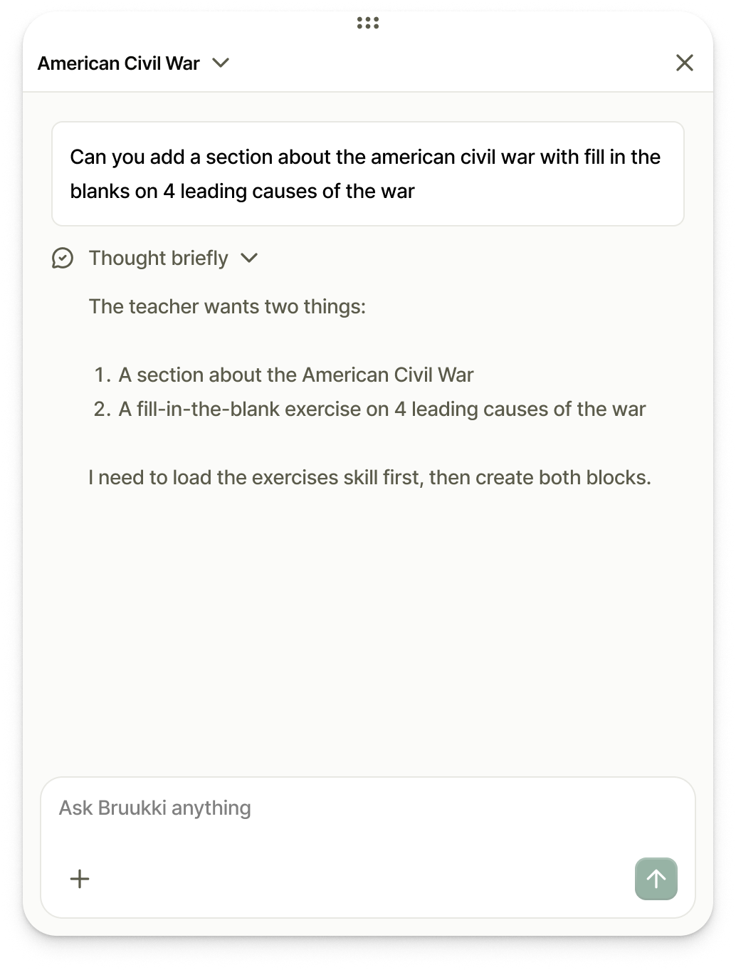 Bruukki AI restating a teacher's request for a Civil War section with fill-in-the-blanks