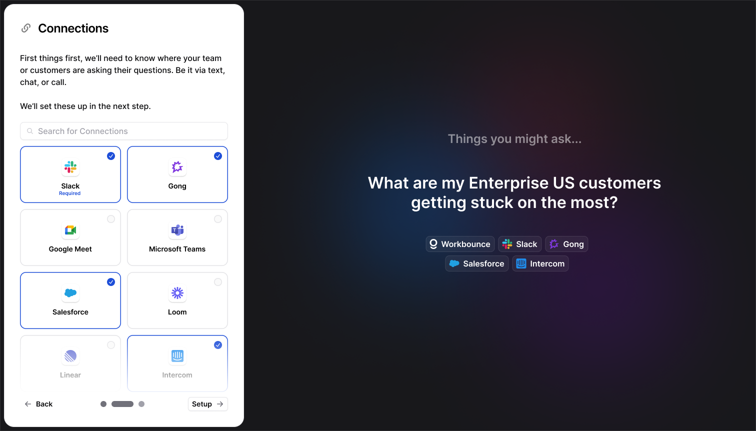 Placeholder content for Connections displaying potential user questions, dynamically changing based on selected Connections.