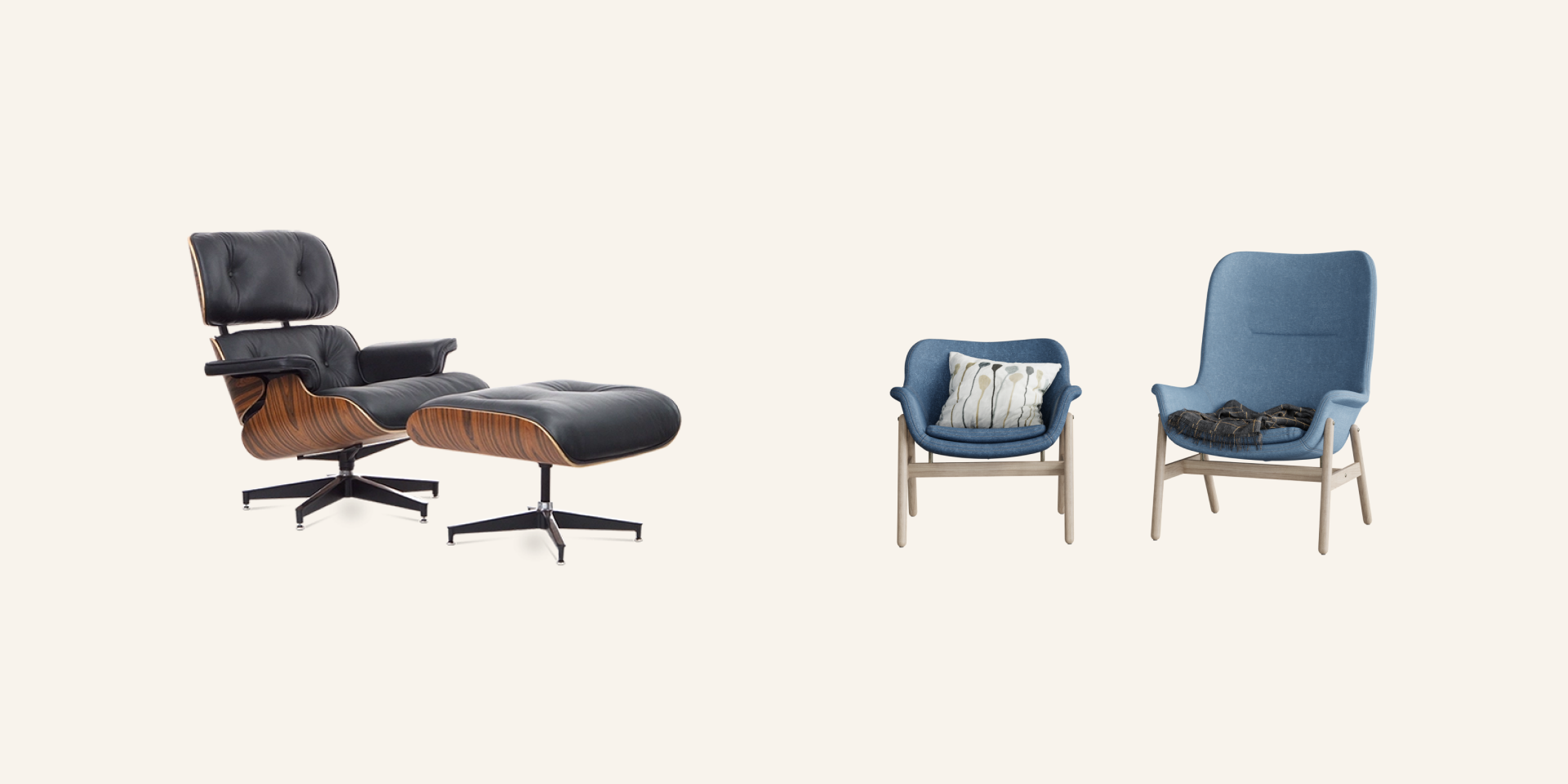 Two chairs of different design. One Eames lounge chair, and one Ikea set.